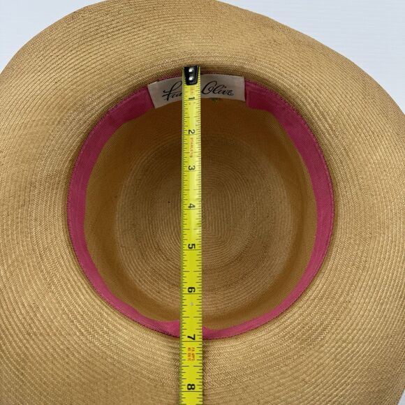 Vintage Frank Olive Straw Wide Brim Hat Floral Brooch Tan main image 6